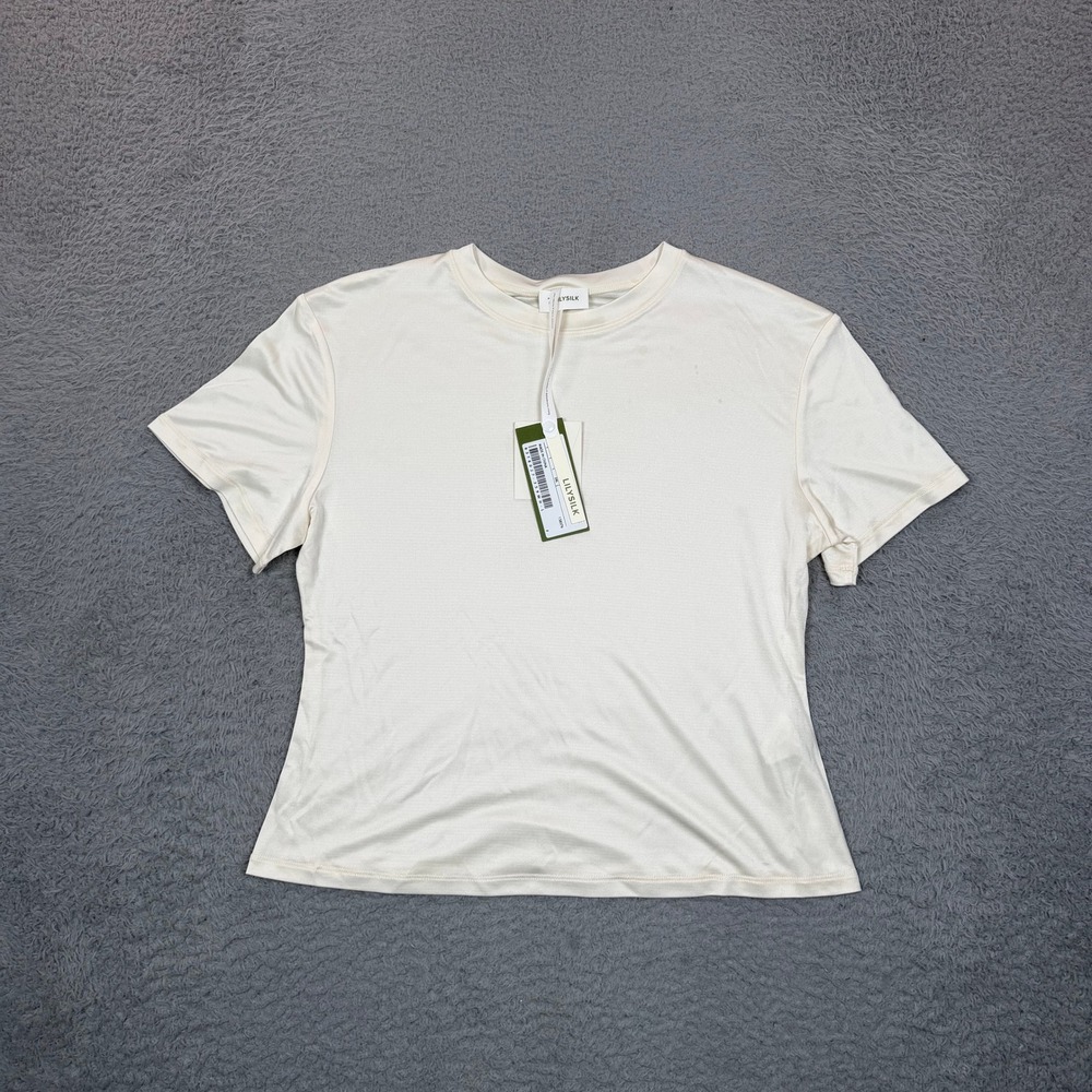 LILYSILK Women 100% Mulberry Silk Short Sleeve Crew Neck Top Ivory Cream NWT